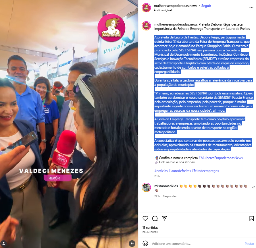 image Prefeita Débora Régis destaca importância da Feira de Emprega Transporte em Lauro de Freitas